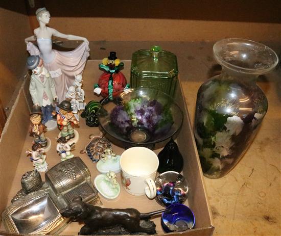 Lladro figures, 2 Hummel figs, paperweights, glassware etc.
